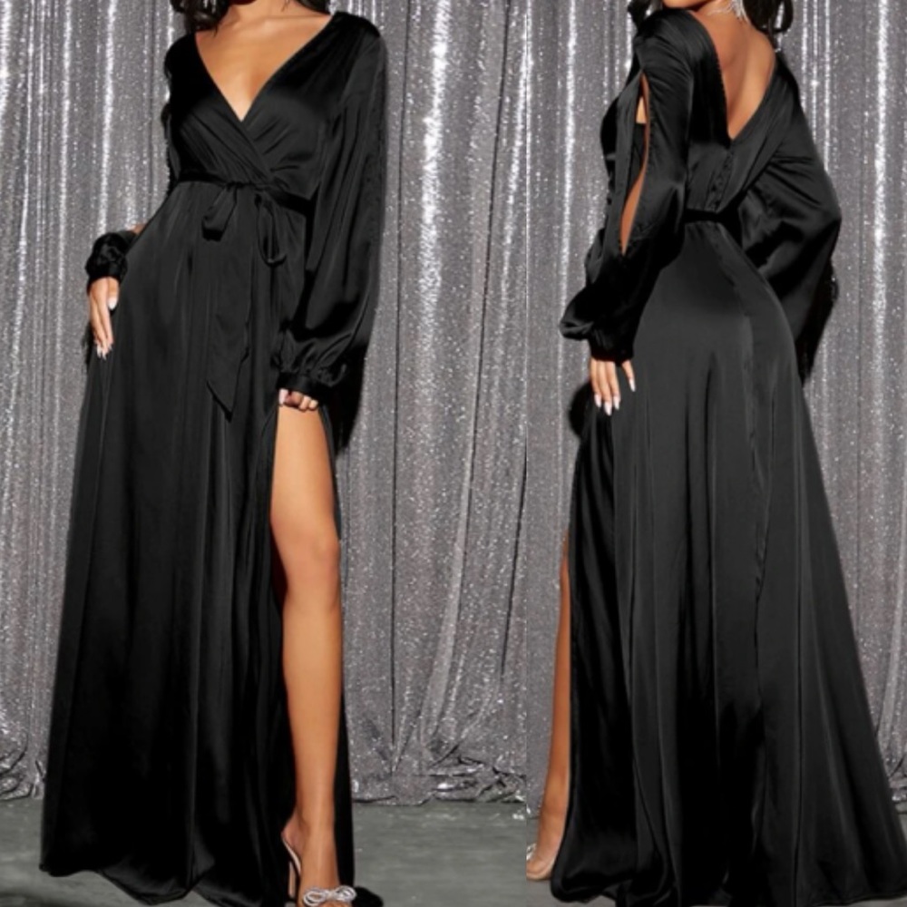 Luxurious satin split thigh belted maxi dress